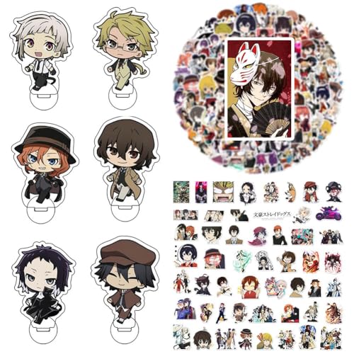 Bungo Stray Dogs Acryl-Ständer-Figur, doppelseitiger Druck, transparente Acryl-Ornamente, 6 Stück und 100 Stück, Anime-Cartoon-Aufkleber, Trolley-Taschen, Laptop, wasserdichte Aufkleber-Set von CAIYLAI