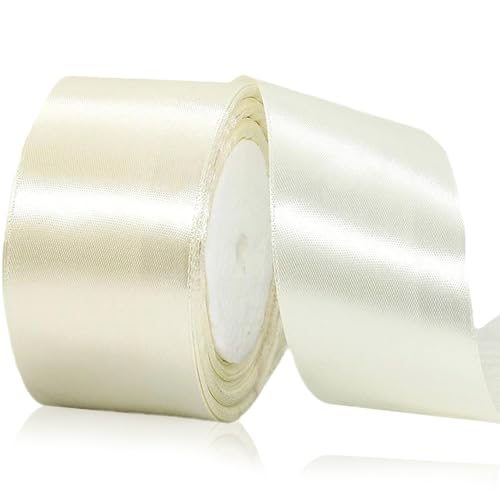 1 Roll weißes Band, 2 Zoll x 25 Meter Elfenbein Satinband Polyester Creme Ribbon Stoff beige Band für Geschenkverpackung, Weihnachtsdekoration, Kunsthandwerk, Haarbögen, Kränze von CAKEEYUM