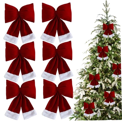 6pcs rote Weihnachtsbögen 5.5x3.9 '' 3D Flocken samt Weihnachtsbaumbögen mit weißer Kante einfach hängende elegante Weihnachtsbaumbögen für Weihnachtsbaumdekoration von CAKEEYUM