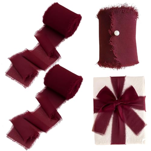 Chiffon -Band, 3 Rollen 2in x 5yard Fransen Burgundy Ribbon, Cuttable Bouquet Ribbon, ausgefranste Kantenbänder für Handwerk, Geschenkverpackung, Blumenstrauß, Hochzeitseinladung, Wein Red Chiffon Ri von CAKEEYUM