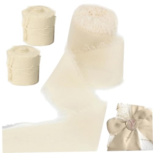 Chiffon Ribbon 3 Rollen 2 x 7yd Hand zerlegtes Fransenband für Blumenstrauß gefrätte Kante Elegantes Geschenkband Dekorative Bänder für Hochzeitseinladungen, Brautsträuße, Geschenke, Beige, beige, be von CAKEEYUM