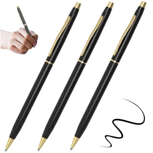 Kugelschreiber Schwarze Tinte 3pcs 1mm Tipp Edelstahl Kugelschreiber mit Clip Exquisite Black & Gold 5 Länge Slim Pens Ballpoint für Schule, Büro, Geschäft von CAKEEYUM