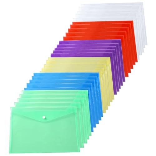 Ordner für Dokumente 30pcs Poly Envelope -Ordner mit Snap -Taste -Verschluss, Kunststoffumschlägen, hochwertige Kunststoffumschläge, transparentes Projektumschlagsordner, A4 -Buchstaben (6 Farben) von CAKEEYUM