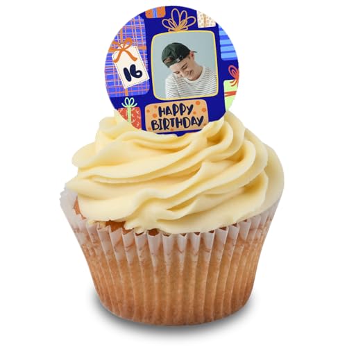 Cakeshop Cupcake Personalisierte Essbare Kuchenaufleger Mit Blauen Geburtstagsgeschenken & Text | Personalisieren Mit Ihrem Eigenen Bild & Text | Für Geburtstage & Feiern | Zuckerguss & Oblatenpapier von CAKESHOP edible cake toppers EST. 2012