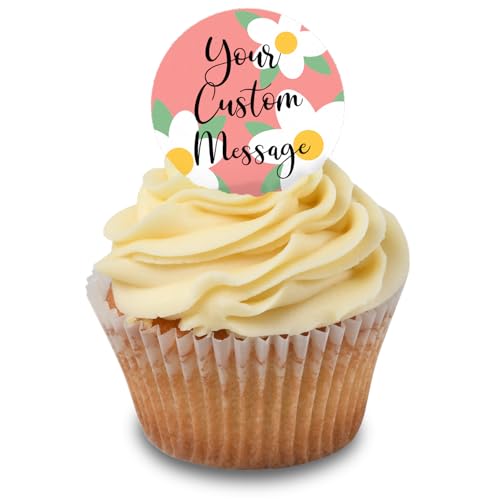 Cakeshop Cupcake Personalisierte Essbare Kuchenaufleger Mit Rosa Hintergrund & Gänseblümchen | Personalisieren Mit Ihrem Wunschtext | Für Geburtstage & Feiern | Zuckerguss & Oblatenpapier Optionen von CAKESHOP edible cake toppers EST. 2012