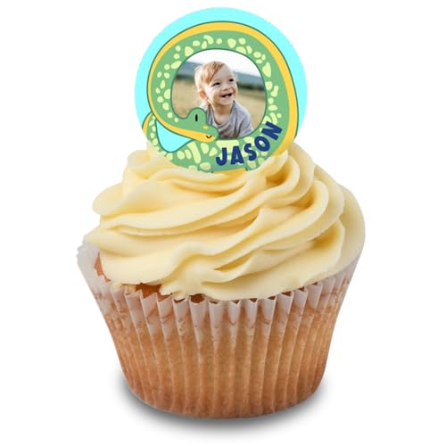 Cakeshop Cupcake Personalisierte Essbare Kuchenaufleger Mit Süßem Blauem & Grünem Dinosaurier | Personalisieren Mit Ihrem Eigenen Bild & Text | Für Geburtstage & Feiern | Zuckerguss- & Oblatenpapier von CAKESHOP edible cake toppers EST. 2012