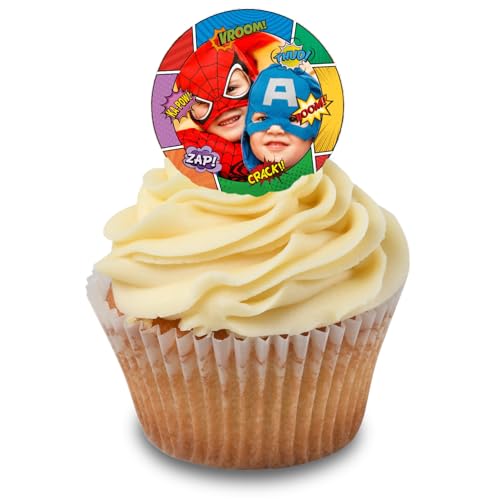 Cakeshop Cupcake Personalisierte Essbare Tortendekorationen mit Superhelden-Comicrahmen | Mit eigenem Bild personalisieren | Für Geburtstage & Feiern | Zucker- oder Oblatenpapier-Optionen von CAKESHOP edible cake toppers EST. 2012