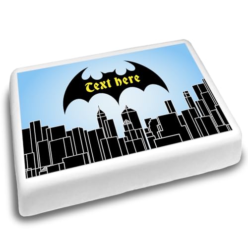 Cakeshop Landschaft Personalisierter Essbarer Kuchenaufleger Mit Fledermaus Superhelden Stadt| Personalisieren Name & Alter| Für Geburtstage & Feiern| Mehrere Formen & Größen| Zucker & Oblatenpapier von CAKESHOP edible cake toppers EST. 2012