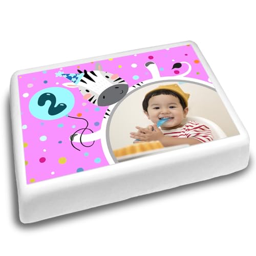 Cakeshop Landschaft Personalisierter Essbarer Kuchenaufleger Mit Pink & Blau Party Zebra| Personalisieren Sie Bild & Alter| Für Geburtstage & Feiern| Mehrere Formen & Größen| Zucker & Oblatenpapier von CAKESHOP edible cake toppers EST. 2012