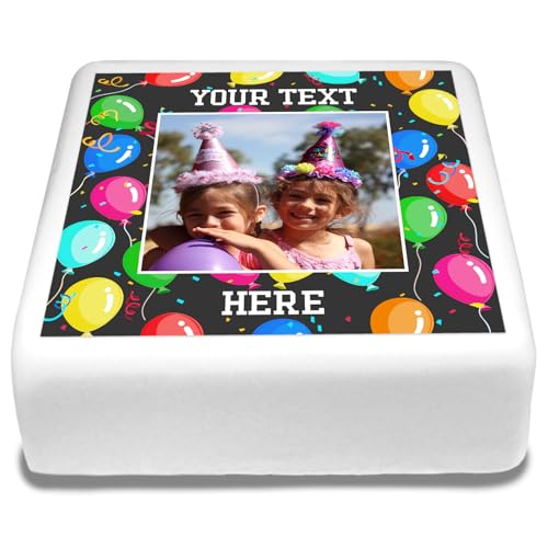 Cakeshop Quadratischer Personalisierter Essbarer Kuchenaufleger mit Ballonrand & Text| Benutzerdefiniertes Bild & Text| Für Geburtstage & Feiern| Mehrere Formen & Größen| Zuckerguss & Oblatenpapier von CAKESHOP edible cake toppers EST. 2012