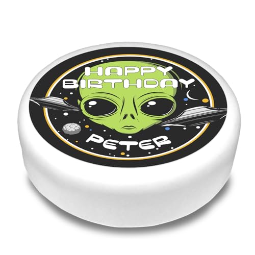 Cakeshop Runde Personalisierte Essbare Tortendekoration Weltraum Alien & Raumschiffe | Individueller Text | Für Geburtstage & Feiern | Mehrere Formen & Größen | Zuckerguss & Oblatenpapier Optionen von CAKESHOP edible cake toppers EST. 2012