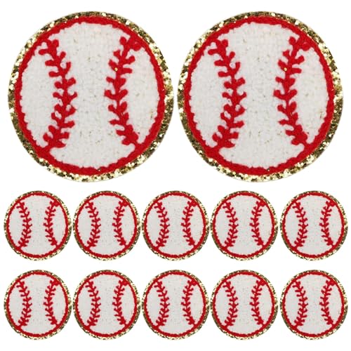 Baseball-Flicken zum Aufbügeln, goldene Kanten, Chenille-Flicken, bestickt, Baseball-Aufnäher, zum Aufbügeln, selbstklebende Flicken aus Chenille, für Heimwerker, 12 Stück (Größe: 6,3 cm) von CALIDAKA