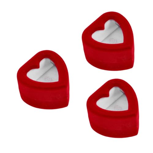 CALLARON 3 Teilige Box Valentinstag Ringbox Schmuckschatullen Plüsch Ringtruhe Ring Organizer Verlobungsringboxen Ring Display Halter Ringschale Herzform Ringetui Roter Flanell von CALLARON