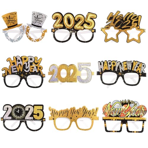 CALLARON 9 Stück Neujahrsdekorationen 2025 Happy New Year Brillen Glitzer Party Brillen Foto Booth Requisiten Silvester Party Supplies für Familie Freunde von CALLARON