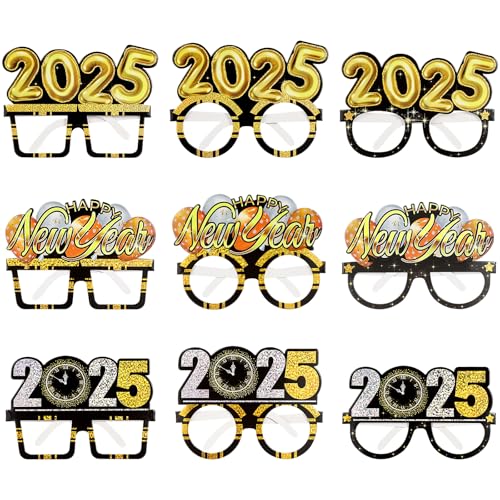 CALLARON Happy New Year Brillen Set mit 9 Neujahrsdekorationen 2025 Glitzer Party Brillen Photo Booth Requisiten Silvester Party Supplies für Familie Freunde von CALLARON