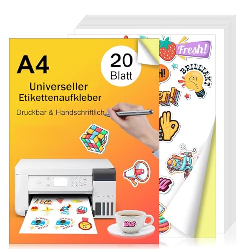 CALLYSONIC 20 Blatt druckerpapier a4, Sticker Papier zum Bedrucken, Klebeetiketten zum Bedrucken, Drucker Papier Weiß a4, Stickerpapier zum Selbst Drucken, Etikettenpapier Bedruckbar von CALLYSONIC