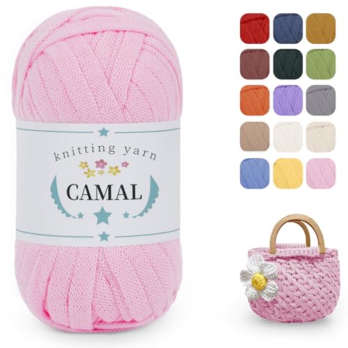 CAMAL 100g Tshirt Garn, Textilgarn zum Häkeln 8mm T-Shirt Garn zum Häkeln und Stricken für Körbe, Dick Polyester Bändchengarn zum Tasche, Haustierbett, Korb Häkeln - 40m (Rosa) von CAMAL