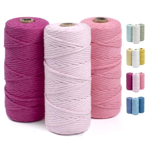 CAMAL 3PC Baumwollgarn, Makramee Garn 3mm makramee-garn 100m Makramee Set Baumwolle zum Häkeln wird Makramee Blumenampel, Wandbehang, DIY Handwerk Pflanze (C: Rosenrot, Rosa, Wassermelonenrosa) von CAMAL