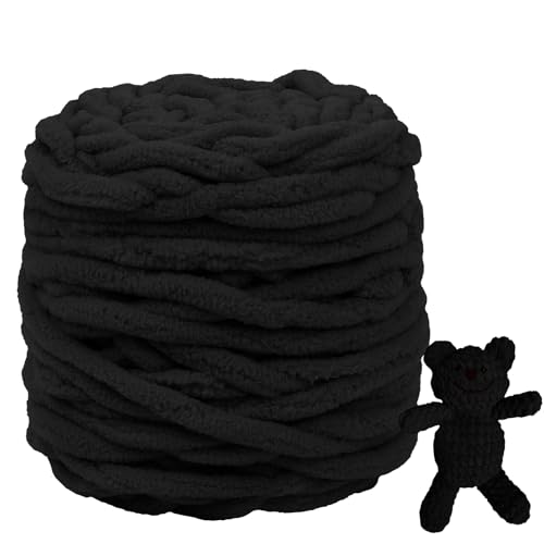 CAMAL Chenille Wolle zum Häkeln Dickes Garn 100g Kuschelwolle Strickwolle Dickes Garn 100m Velvet Chenille Garn Flauschige Wolle zum Stricken Blanket, Schals, Taschen, Puppen (Schwarz) von CAMAL