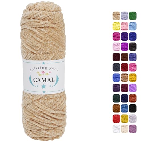 CAMAL Chenille Wolle zum Häkeln Fleece Decke, 120m Kuschelwolle zum Stricken Pullover, 75g Velvet Chenille Garn Weich Plüschwolle Flauschige Wolle für Stricken DIY Handwerk (Beige Gelb) von CAMAL