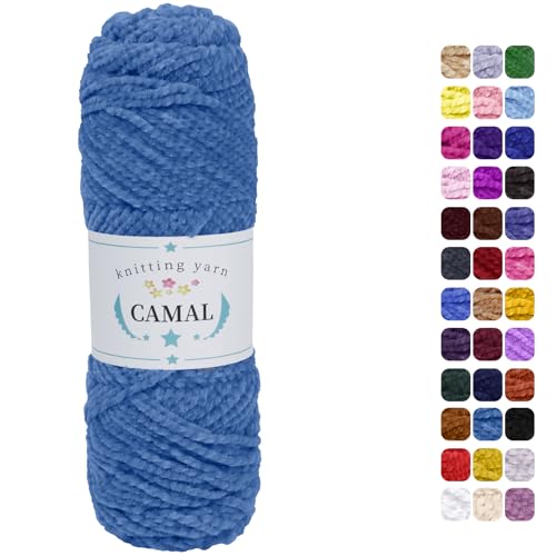 CAMAL Chenille Wolle zum Häkeln Fleece Decke, 120m Kuschelwolle zum Stricken Pullover, 75g Velvet Chenille Garn Weich Plüschwolle Flauschige Wolle für Stricken DIY Handwerk (Blau) von CAMAL