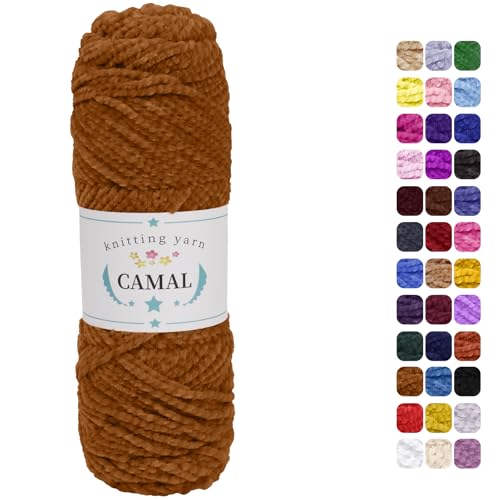 CAMAL Chenille Wolle zum Häkeln Fleece Decke, 120m Kuschelwolle zum Stricken Pullover, 75g Velvet Chenille Garn Weich Plüschwolle Flauschige Wolle für Stricken DIY Handwerk (Braun) von CAMAL