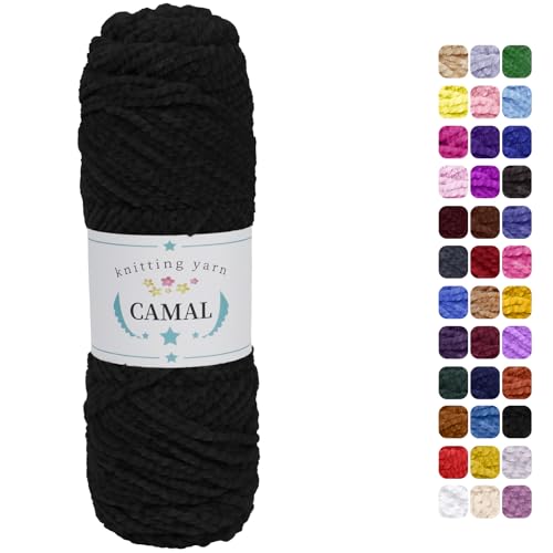 CAMAL Chenille Wolle zum Häkeln Fleece Decke, 120m Kuschelwolle zum Stricken Pullover, 75g Velvet Chenille Garn Weich Plüschwolle Flauschige Wolle für Stricken DIY Handwerk (Schwarz) von CAMAL