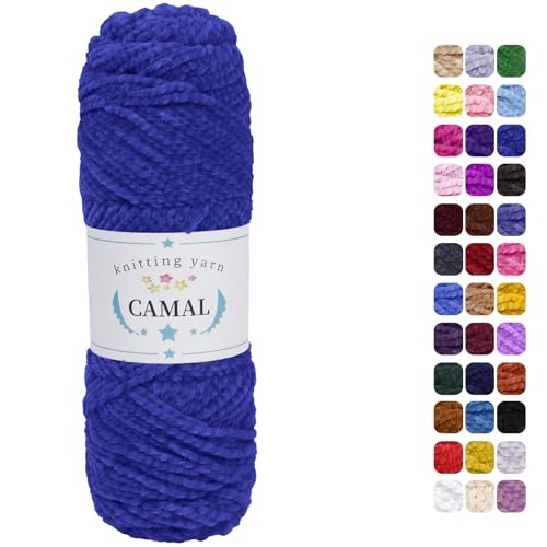 CAMAL Chenille Wolle zum Häkeln Fleece Decke, 120m Kuschelwolle zum Stricken Pullover, 75g Velvet Chenille Garn Weich Plüschwolle Flauschige Wolle für Stricken DIY Handwerk (Tiefes Königsblau) von CAMAL