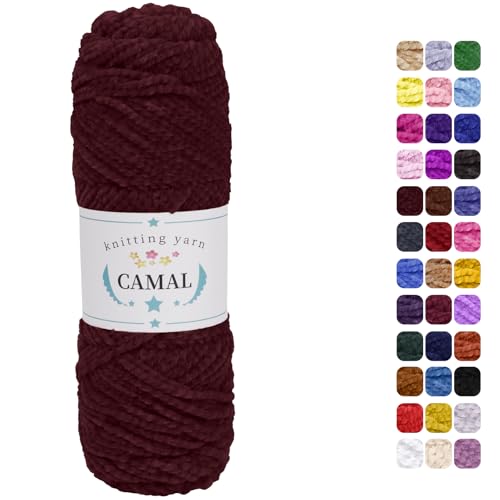 CAMAL Chenille Wolle zum Häkeln Fleece Decke, 120m Kuschelwolle zum Stricken Pullover, 75g Velvet Chenille Garn Weich Plüschwolle Flauschige Wolle für Stricken DIY Handwerk (Weinrot) von CAMAL