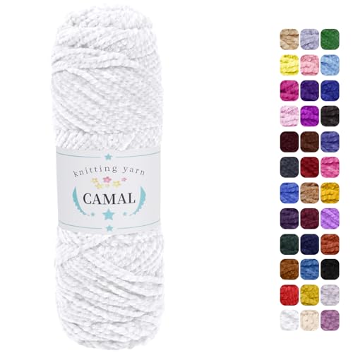 CAMAL Chenille Wolle zum Häkeln Fleece Decke, 120m Kuschelwolle zum Stricken Pullover, 75g Velvet Chenille Garn Weich Plüschwolle Flauschige Wolle für Stricken DIY Handwerk (Weiß) von CAMAL