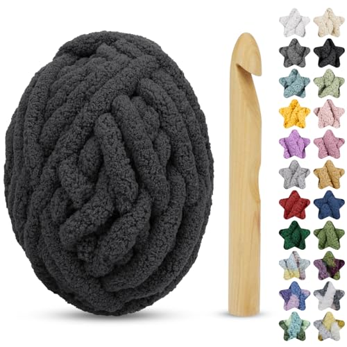 CAMAL Dicke Wolle zum Handstricken, 230g Chunky Chenille Wolle Weich Armstricken Wolle Flauschige Dicke Wolle zum Stricken Dicke Kuscheldecke, Teppich, Haustier Bett (Schwarz) von CAMAL