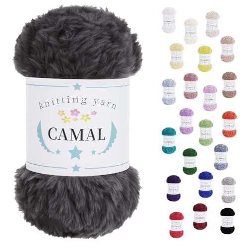 CAMAL Flauschige Wolle zum Häkeln Flauschig Schal Fluffy Plüschwolle 100g / 60m Weiche Fransengarn Chunky Wolle Kuschelwolle zum Stricken Mütze, Ohrenschützer, Puppen (Grau) von CAMAL