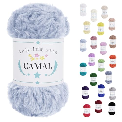 CAMAL Flauschige Wolle zum Häkeln Flauschig Schal Fluffy Plüschwolle 100g / 60m Weiche Fransengarn Chunky Wolle Kuschelwolle zum Stricken Mütze, Ohrenschützer, Puppen (Hellblau) von CAMAL