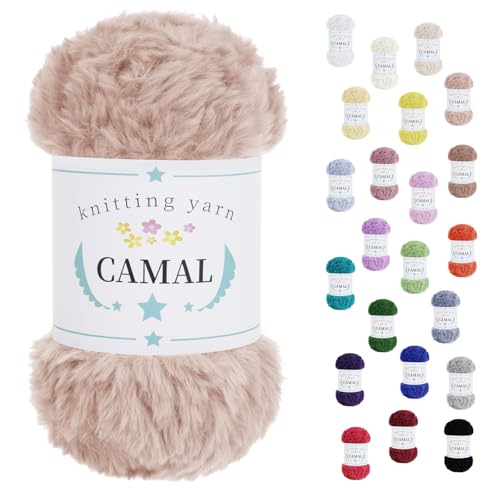 CAMAL Flauschige Wolle zum Häkeln Flauschig Schal Fluffy Plüschwolle 100g / 60m Weiche Fransengarn Chunky Wolle Kuschelwolle zum Stricken Mütze, Ohrenschützer, Puppen (Hellbraun) von CAMAL