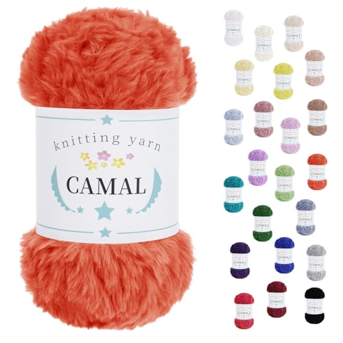 CAMAL Flauschige Wolle zum Häkeln Flauschig Schal Fluffy Plüschwolle 100g / 60m Weiche Fransengarn Chunky Wolle Kuschelwolle zum Stricken Mütze, Ohrenschützer, Puppen (Orangerot) von CAMAL