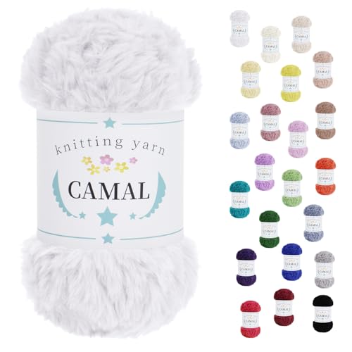 CAMAL Flauschige Wolle zum Häkeln Flauschig Schal Fluffy Plüschwolle 100g / 60m Weiche Fransengarn Chunky Wolle Kuschelwolle zum Stricken Mütze, Ohrenschützer, Puppen (Weiß) von CAMAL