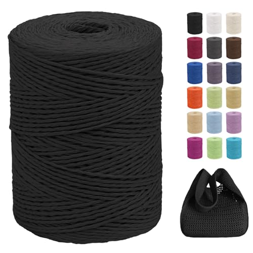 CAMAL Raffia Garn zum Häkeln Von Taschen, 2mm x 300m Geflochten Raffia Papierdraht Weich Raffia Strickgarn Bast zum Stricken Tasche, Strandmütze, DIY Handarbeiten (Schwarz) von CAMAL