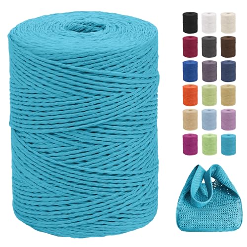 CAMAL Raffia Garn zum Häkeln Von Taschen, 2mm x 300m Geflochten Raffia Papierdraht Weich Raffia Strickgarn Bast zum Stricken Tasche, Strandmütze, DIY Handarbeiten (Seeblau) von CAMAL