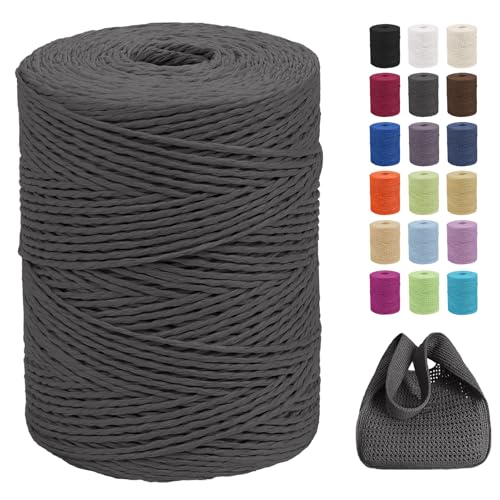 CAMAL Raffia Garn zum Häkeln Von Taschen, 2mm x 300m Geflochten Raffia Papierdraht Weich Raffia Strickgarn Bast zum Stricken Tasche, Strandmütze, DIY Handarbeiten (Tiefes Grau) von CAMAL