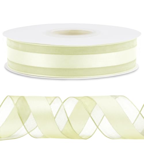 CAMAL Satinband 2,5cm Schleifenband Goldschnitt Tüll 45m Ribbon Tüllstoff Seidenband Dekoband zum Basteln, Hochzeitsdeko, Blumensträuße, Geschenkverpackung (Beige) von CAMAL