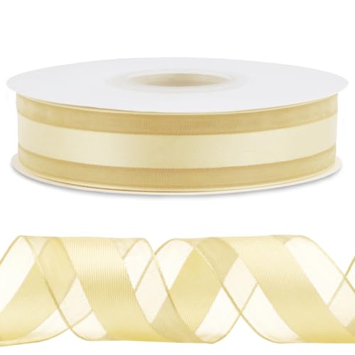 CAMAL Satinband 2,5cm Schleifenband Goldschnitt Tüll 45m Ribbon Tüllstoff Seidenband Dekoband zum Basteln, Hochzeitsdeko, Blumensträuße, Geschenkverpackung (Champagner) von CAMAL