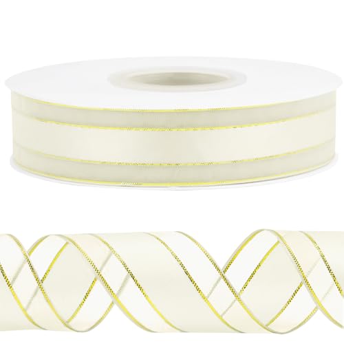 CAMAL Satinband 2,5cm Schleifenband Goldschnitt Tüll 45m Ribbon Tüllstoff Seidenband Dekoband zum Basteln, Hochzeitsdeko, Blumensträuße, Geschenkverpackung (Gold Beige) von CAMAL