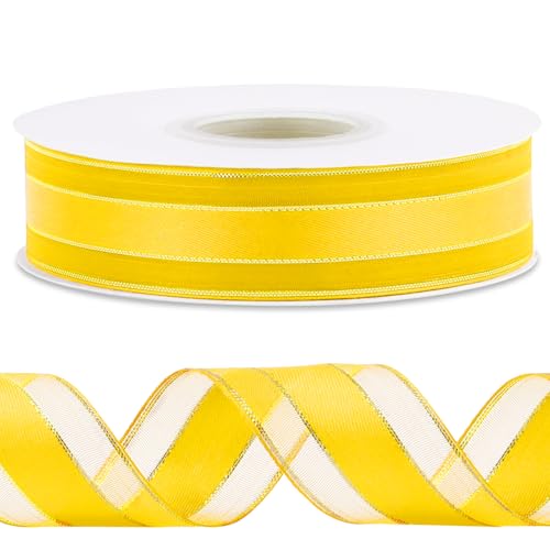 CAMAL Satinband 2,5cm Schleifenband Goldschnitt Tüll 45m Ribbon Tüllstoff Seidenband Dekoband zum Basteln, Hochzeitsdeko, Blumensträuße, Geschenkverpackung (Gold Gelb) von CAMAL