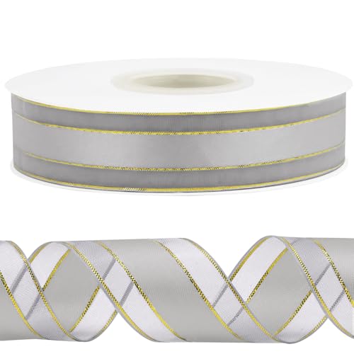 CAMAL Satinband 2,5cm Schleifenband Goldschnitt Tüll 45m Ribbon Tüllstoff Seidenband Dekoband zum Basteln, Hochzeitsdeko, Blumensträuße, Geschenkverpackung (Gold Grau) von CAMAL