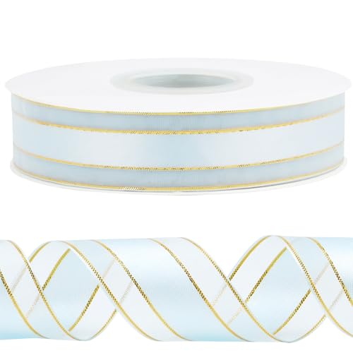 CAMAL Satinband 2,5cm Schleifenband Goldschnitt Tüll 45m Ribbon Tüllstoff Seidenband Dekoband zum Basteln, Hochzeitsdeko, Blumensträuße, Geschenkverpackung (Gold Hellblau) von CAMAL