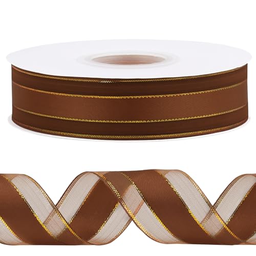 CAMAL Satinband 2,5cm Schleifenband Goldschnitt Tüll 45m Ribbon Tüllstoff Seidenband Dekoband zum Basteln, Hochzeitsdeko, Blumensträuße, Geschenkverpackung (Gold Kaffee) von CAMAL