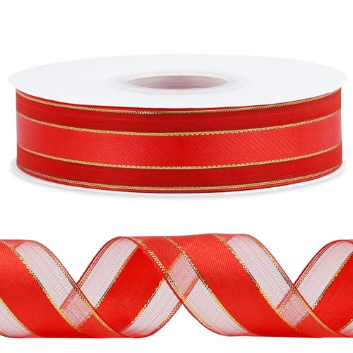 CAMAL Satinband 2,5cm Schleifenband Goldschnitt Tüll 45m Ribbon Tüllstoff Seidenband Dekoband zum Basteln, Hochzeitsdeko, Blumensträuße, Geschenkverpackung (Gold Rot) von CAMAL