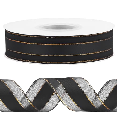 CAMAL Satinband 2,5cm Schleifenband Goldschnitt Tüll 45m Ribbon Tüllstoff Seidenband Dekoband zum Basteln, Hochzeitsdeko, Blumensträuße, Geschenkverpackung (Gold Schwarz) von CAMAL