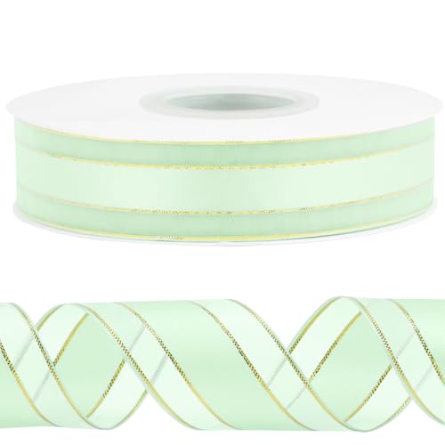 CAMAL Satinband 2,5cm Schleifenband Goldschnitt Tüll 45m Ribbon Tüllstoff Seidenband Dekoband zum Basteln, Hochzeitsdeko, Blumensträuße, Geschenkverpackung (Gold Tiffanyblau) von CAMAL