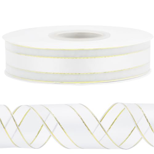 CAMAL Satinband 2,5cm Schleifenband Goldschnitt Tüll 45m Ribbon Tüllstoff Seidenband Dekoband zum Basteln, Hochzeitsdeko, Blumensträuße, Geschenkverpackung (Gold Weiß) von CAMAL